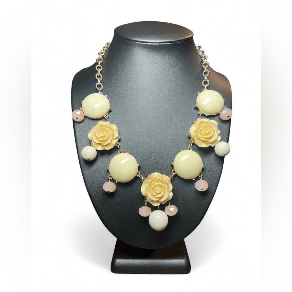 Vintage Ivory Floral and White Beaded Bib Necklace‎ Bubble Tiered Statement
